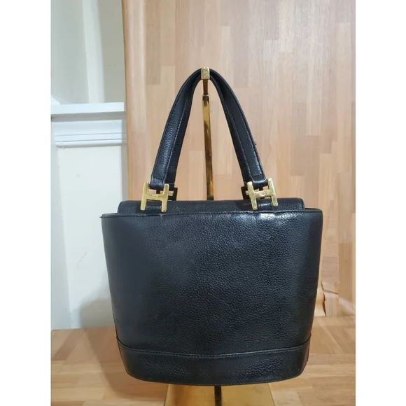 MCM Black Leather Vintage Logo Embellished Small Tote
